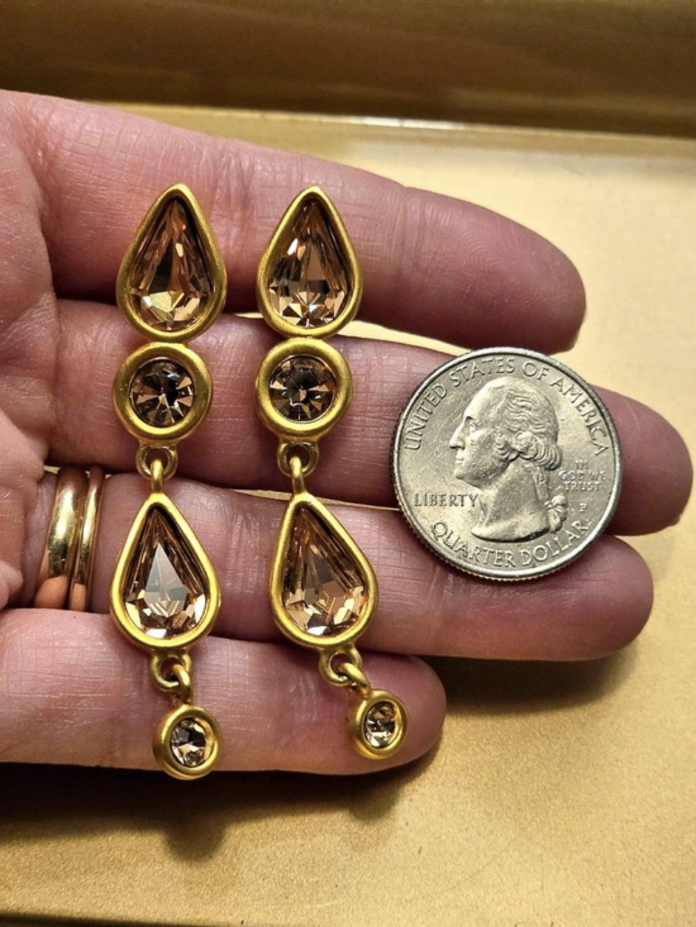 Givenchy Signed Gold Tone Post Champagne Crystal Teardrop Dangle Drop Earrings